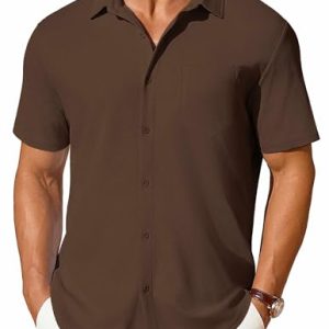 Men's Short Sleeve Button Down Shirt Casual Summer Beach Shirt Waffle Knit Shirts Wrinkle Free Untucked Shirt