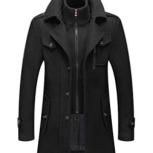 Men's Wool Blend Jacket Single Breasted Slim Fit Thick Winter Windproof Pea Coat with Removable Scarf