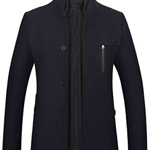 Men’s Wool Blend Winter Coat Slim Fit Short Trenchcoat Warm Business Jacket with Detachable Soft Wool Scarf
