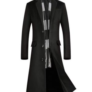 Men's Wool Blend Full Length Overcoat Single Breasted Long Coat with Flap Pocket