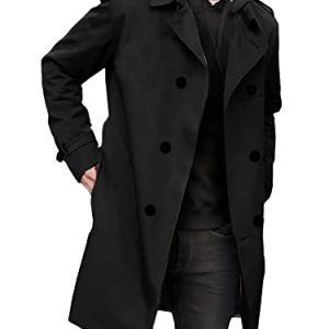 Mens Double Breasted Trench Coat Notched Lapel Casual Slim Fit Long Windbreaker Overcoat