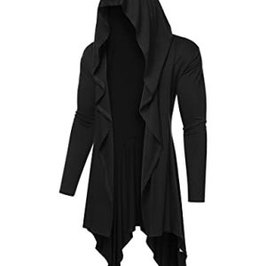 Long Hooded Cardigan Ruffle Shawl Collar Open Front Lightweight Drape Cape Overcoat with Pockets