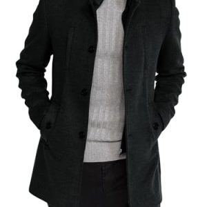 Mens Trench Coat Long Sleeve Stand Collar Single Breasted Pea Coat Casual Mid Long Slim Fit Overcoat with Pockets
