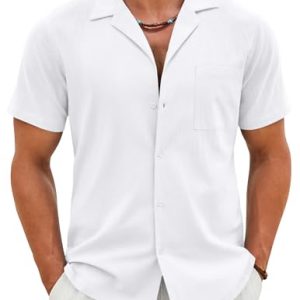 Mens Cotton Linen Shirt Casual Button Down Short Sleeve Shirts Summer Cuban Vacation Beach Shirts with Pocket