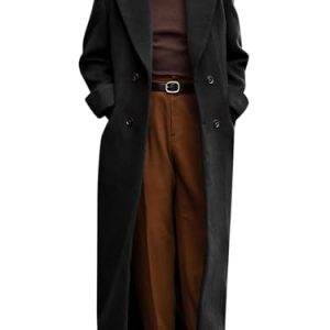 Mens Full Length Trench Coat Notched Lapel Long Jacket Double Breasted Classic Winter Overcoat