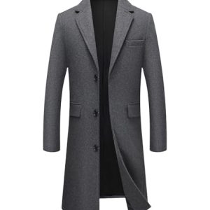Mens Wool Blend Long Trench Coat Notch Lapel Single Breasted Overcoat with Pockets