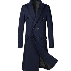 Mens Full Length Wool Trench Coat Notched Lapel Double Breasted Long Overcoat Windbreaker Pea Coat Jacket