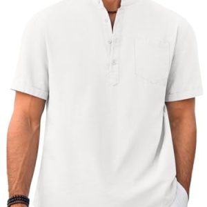 Men 100% Cotton Linen Henley Shirt Casual Short Sleeve Summer T Shirt Pocket Button Tee Top Beach Hippie Shirt