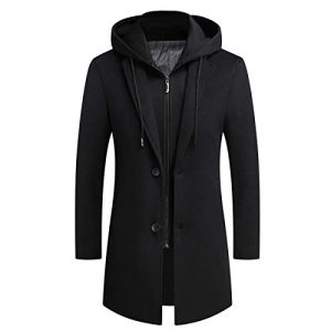 Men's Wool Coat Hoodie Long Trench Coat Cotton Casual Woollen Overcoat Jacket