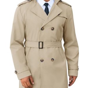 Men's Trench Coat Double Breasted Notched Lapel Long Jacket Belted Windbreaker Casual Slim Fit Overcoat