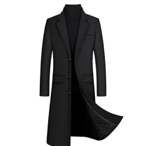 Men's Winter Trench Coat Long Sleeve Notch Lapel Single Breasted Quilted Cotton Long Overcoat Jacket Wool Pea Coat