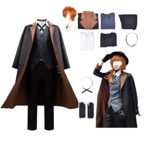 Nakahara Cosplay Costume Nakahara Cosplay Black Long Coat with Wig Uniform Outfit for Men Women Halloween