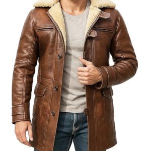 Real Sheepskin Long Distressed Brown Fur Shearling Leather Trench Coat – Men's Winter Jacket/Vest/Pants