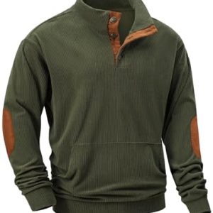 Mens Warm Corduroy Sweatshirt Casual Stand Collar Quarter Fall Metal Button Pullover Sweaters Long Sleeve with Pockets