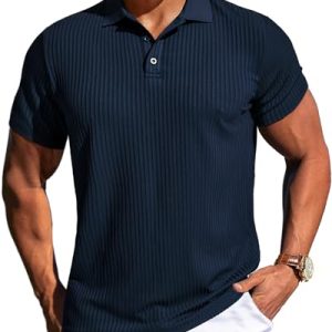 Mens Short Sleeve Texture Polo Shirts Casual Wrinkle Free Stretch Knit Golf Shirt Tops
