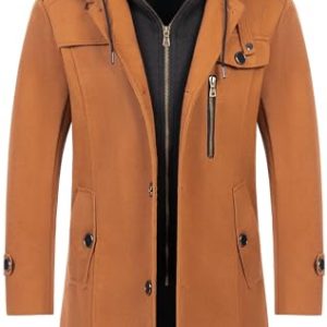 Men's Classic Pea Coat Wool Blend Trench Coat Windproof Business Overcoat With Detachable Hood