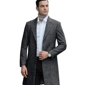 Mens Trench Coat Herringbone Wool Peak Lapel Single Breasted Long Slim Fit Pea Coat Business Suit Jacket for Men