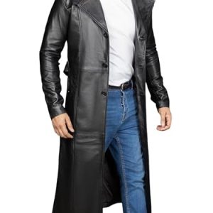 Vintage Classic Leather Trench Coat Men - Full Length Duster Overcoat Lambskin Leather Long Coats for Men