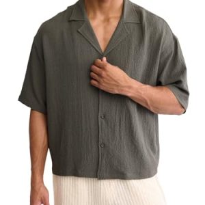 Men's Oversized Cropped Button Down Shirts Casual Short Sleeve Solid Loose Shirts