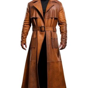 Mens Genuine Lambskin Leather Peanut Brown Trench Coat - Western Cowboy Full Length Duster Coats for Men