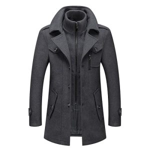 Men's Wool Blend Coat Warm Winter Trench Coat with Detachable Soft Scarf Single Breasted Pea Coat