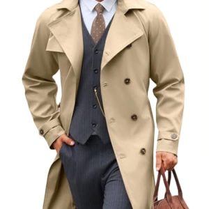 Mens Trench Coat Double Breasted Notched Lapel Casual Belted Windbreaker Fall Classic Long Jacket Overcoat
