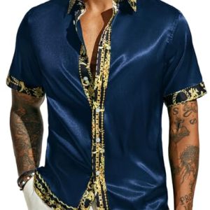 Mens Short Sleeve Button Down Shirts Casual Stretch Satin Silk Hawaiian Beach Shirt