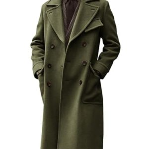 Mens Trench Coat Notch Lapel Double Breasted Peacoat Wool Blend Casual Long Overcoat