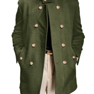 Mens Trench Coat Double Breasted Stand Collar Pea Coat Casual Fall Winter Warm Mid Long Overcoat