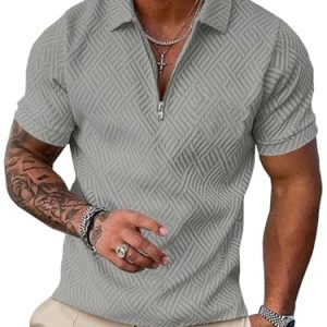 Men's Zipper Polo Shirts Short Sleeve Sweatshirts Soild Color Tops Striped Texture Casual Golf T