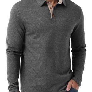 Mens Long Sleeve Polo Shirts Button Casual Tee Cotton Collared Golf T Shirts with Pocket