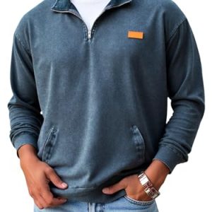 Mens Distressed Quarter Zip Casual Sweatshirts Long Sleeve Stand Collar Lightweight Cotton Fall Pullover with Pockets