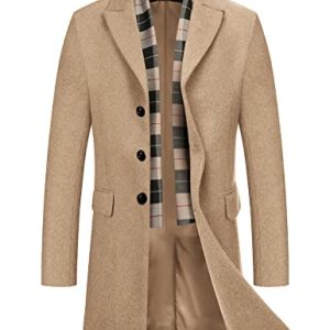 Men's Wool Blend Coat with Detachable Plaid Scarfs Notched Collar Single Breasted Pea Coat Trench Overcoat