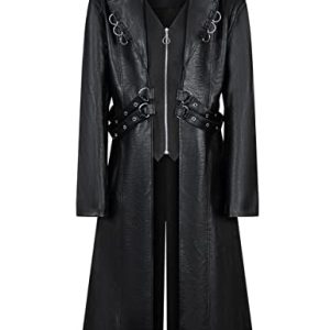 Men's 70s PU Leather Trench Coat Long German Style Punk Motorcycle Jacket Black Fuxs Leather Zipper Coat