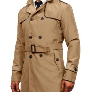 Men's Trench Coat Slim fit Double Breasted Notched Lapel Belted Windbreaker Long Jacket Casual Windproof Overcoat