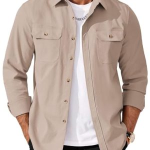 Mens Shirt Jacket Casual Button Up Shirts Long Sleeve Lightweight Shacket with Flap Pockets