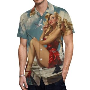 Pinup Girl with Fishing Pole Mens Shirts Short Sleeve Button Down Beach Shirts with Pockets