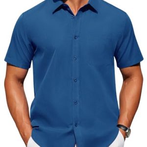 Mens Short Sleeve Dress Shirt Wrinkle Free Solid Casual Button Down Shirts for Summer Business Wedding