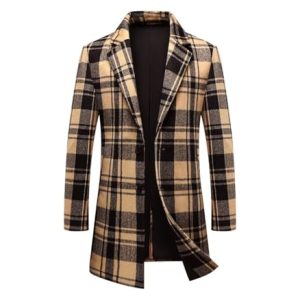 Mens Wool Blend Plaid Coat Warm Winter Trench Coat with Soft Scarf Single Breasted Overcoat