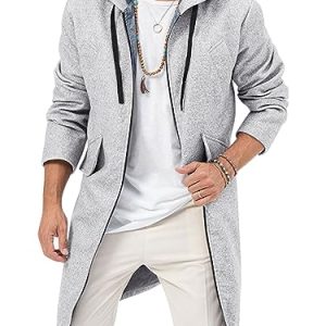 Mens Trench Coat Wool Blend Hoodie Long Jacket Full Zip Winter Classic Business Overcoat