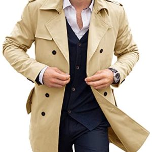Mens Trench Coat Notched Lapel Double Breasted Long Jacket Windbreaker Overcoat Pea Coat