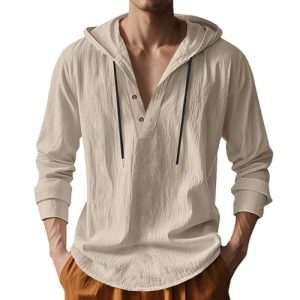 Mens Cotton Linen Hoodies Long Sleeve Button Down Shirts Casual Hawaiian Beach Yoga Sweatshirts