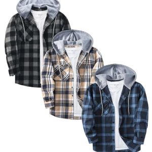 3 Pack Men's Flannel Hoodie Shirts Long Sleeve Casual Vintage Button Down Plaid Shirt Jacket with Pocket