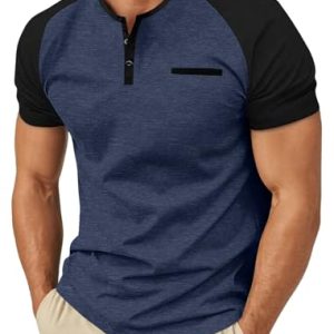 Mens Cotton Henley Shirts Short Sleeve Casual T-Shirts Summer Button T Shirts with Pocket