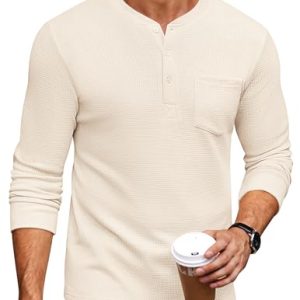 Men's Henley Shirts Long Sleeve Basic Waffle Pique Pullover T-Shirt with Pocket
