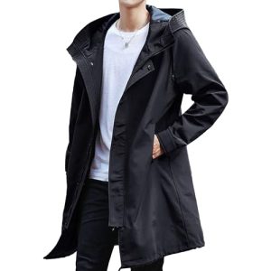 Men's Lightweight Hooded Windbreaker Trench Coat Fashion Casual Windproof Overcoat Spring Fall Mid Long Jacket