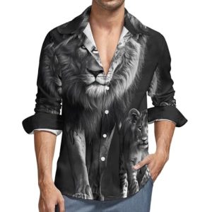 Black and White Animal Lion Men's Dress Shirts Long Sleeve Golf Shirts Casual Button Down T-Shirt for Athletic Business