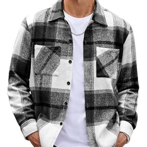Men's Flannel Shirts Casual Button Down Plaid Shirt Jacket Long Sleeve Fleece Shacket with Pockets