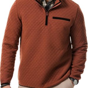 Men's Quarter Zip Up Casual Long Sleeve Quilted Sweatshirts Mock Neck Outdoor Pullover Sweaters