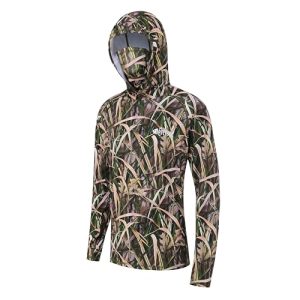 UPF 50+ Sun Protection Long Sleeves Hunting & Fishing Shirts for men, Camo Hoodie with Built-In Face Mask